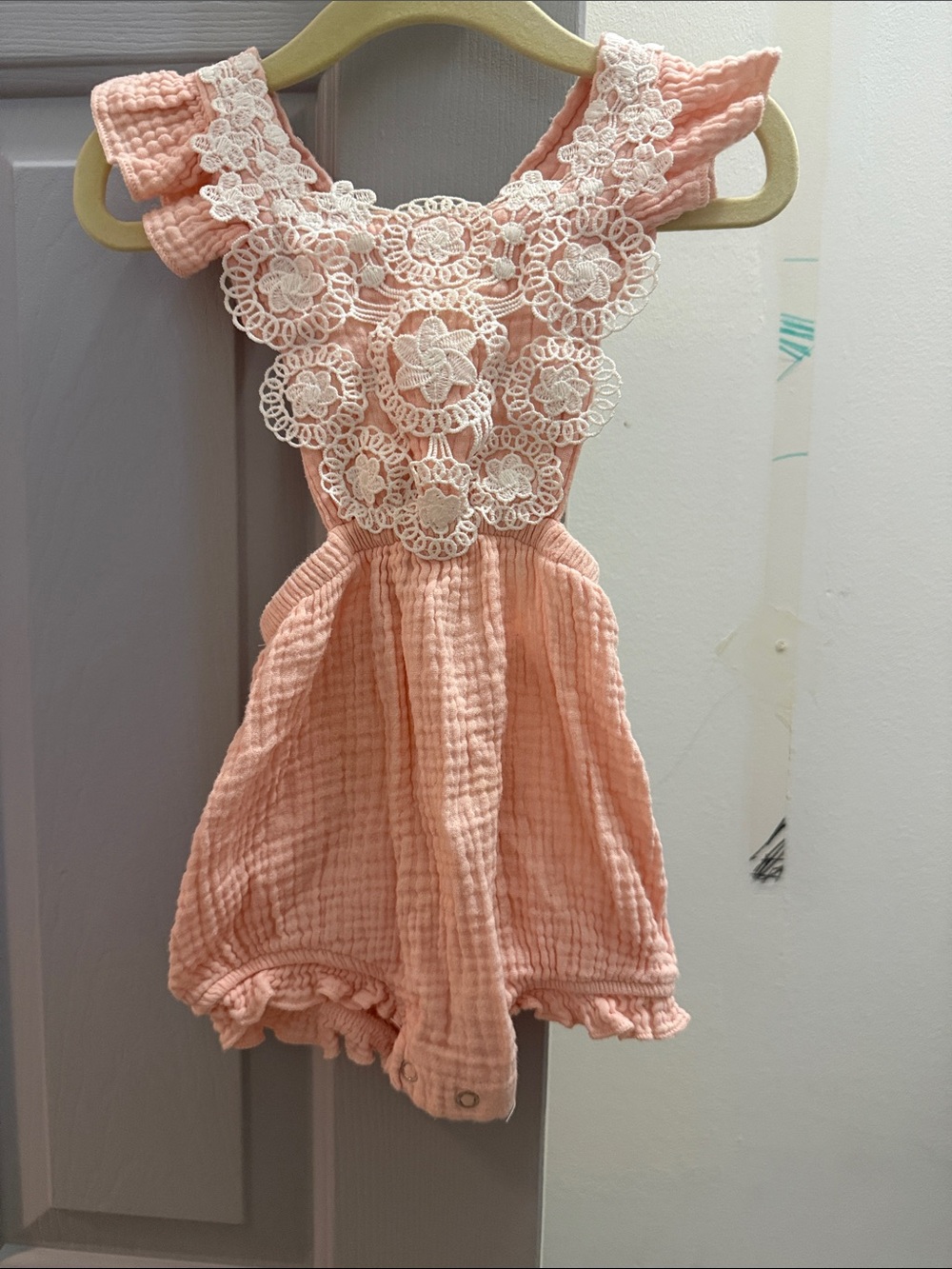 Rare Editions Peach Romper with White Crochet Overlay